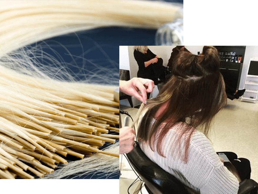 A collage of photos with hair being cut and dried.