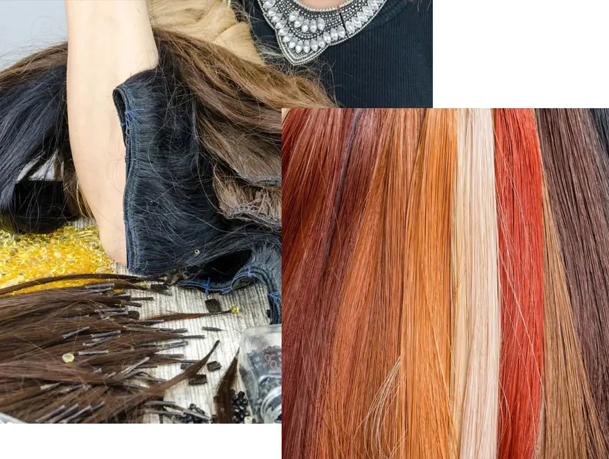 A collage of different colored hair and some feathers