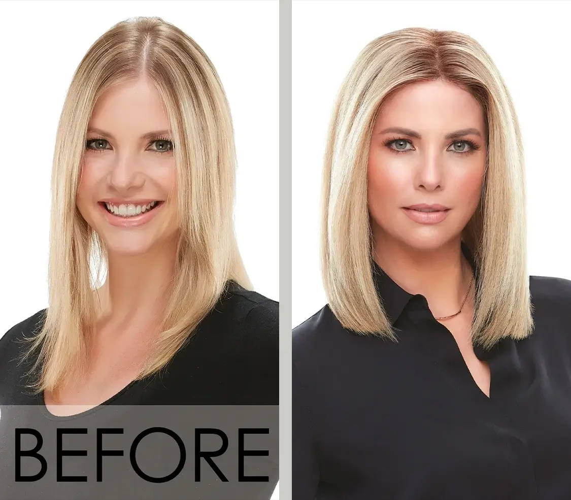 A before and after picture of a woman with blonde hair.